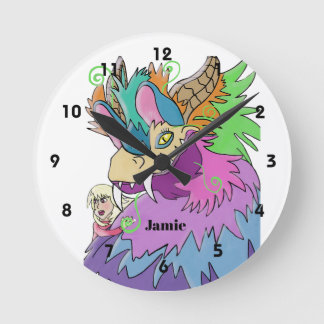 Personalisierter Party-Drache und kleines Mädchen Runde Wanduhr