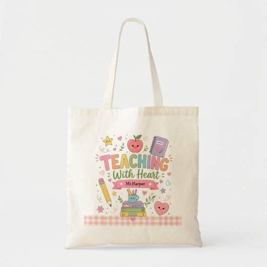 Personalisierter Pastell-Gingham-Lehrende mit Herz Tragetasche (Vorne)