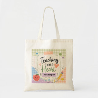 Personalisierter Pastell-Gingham-Teaching-With-Hea Tragetasche