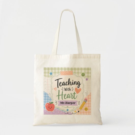 Personalisierter Pastell-Gingham-Teaching-With-Hea Tragetasche (Vorne)