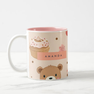 Personalisierter Pastell-Teddybär und Donut-Desser Zweifarbige Tasse