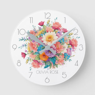 Personalisierter Pastell-Wasserfarben-Blumenstrauß Runde Wanduhr