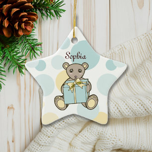 Personalisierter pastellblauer und gelber Teddybär Keramikornament