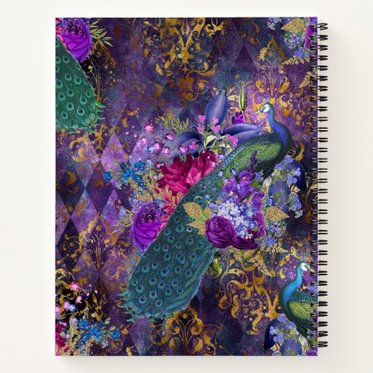 Personalisierter Pfau und Blume auf Lila Notizblock (Rückseite)