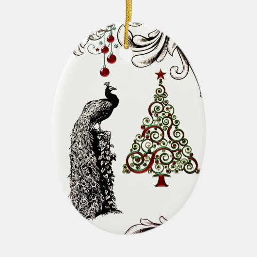 Personalisierter Pfau und Weihnachtsbaumurlaub Keramik Ornament (Vorne)