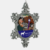 Personalisierter Pferderuecken-ReitFoto-Reiter Schneeflocken Zinn-Ornament (Links)