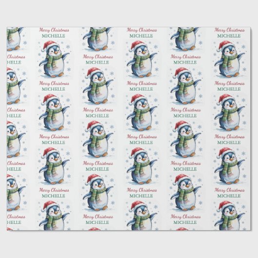 Personalisierter Pinguin in der Weihnachtsmannmütz Geschenkpapier (Flach)