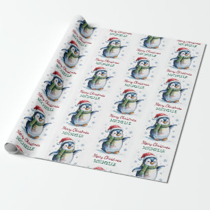 Personalisierter Pinguin in der Weihnachtsmannmütz Geschenkpapier