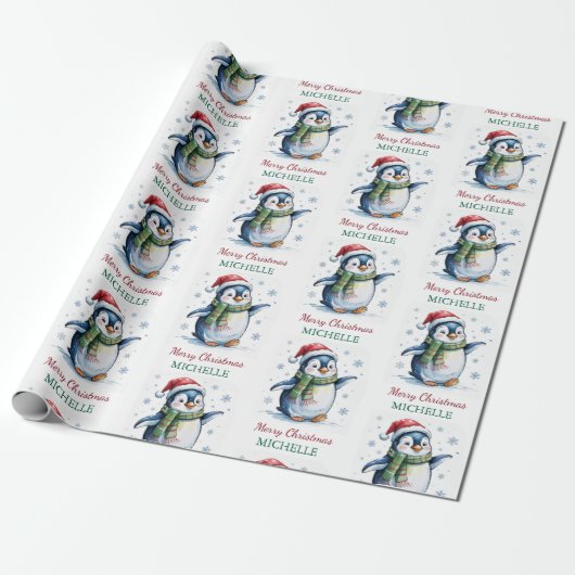 Personalisierter Pinguin in der Weihnachtsmannmütz Geschenkpapier (Ungerollt)