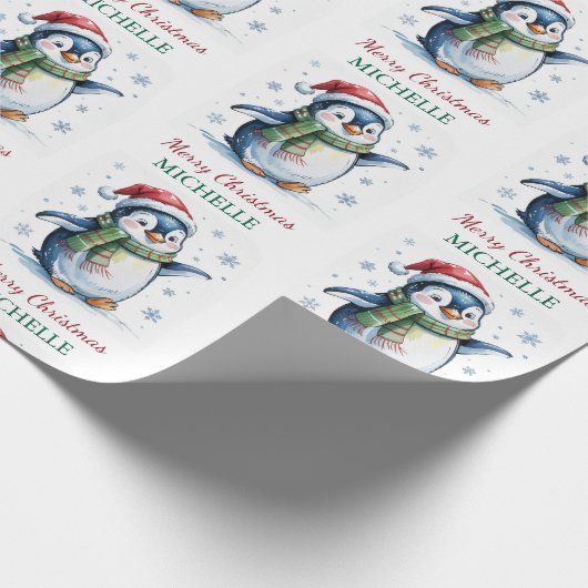 Personalisierter Pinguin in der Weihnachtsmannmütz Geschenkpapier (Ecke)