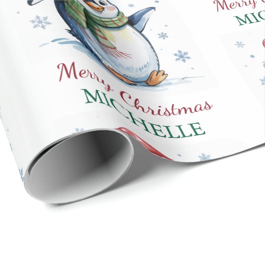 Personalisierter Pinguin in der Weihnachtsmannmütz Geschenkpapier (Rolleneckpunkt)