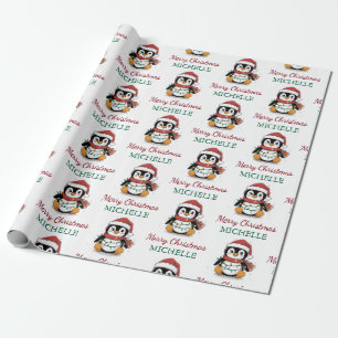 Personalisierter Pinguin in der Weihnachtsmannmütz Geschenkpapier