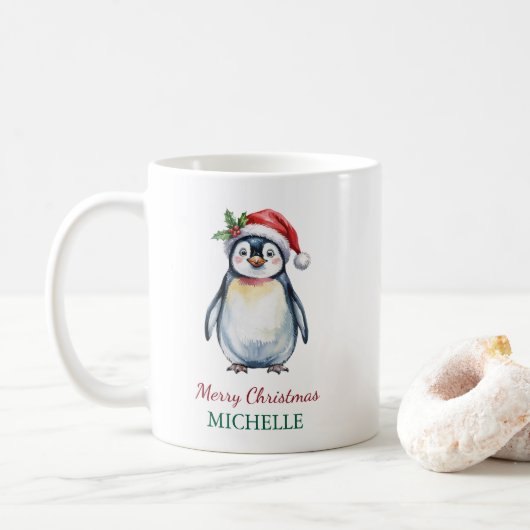 Personalisierter Pinguin in der Weihnachtsmannmütz Kaffeetasse (Mit Donut)