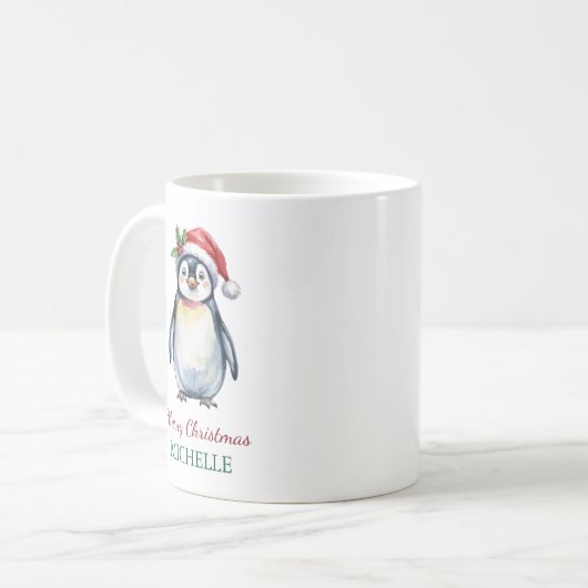 Personalisierter Pinguin in der Weihnachtsmannmütz Kaffeetasse (Vorderseite Links)