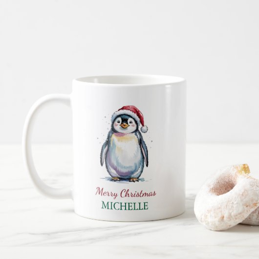Personalisierter Pinguin in der Weihnachtsmannmütz Kaffeetasse (Mit Donut)