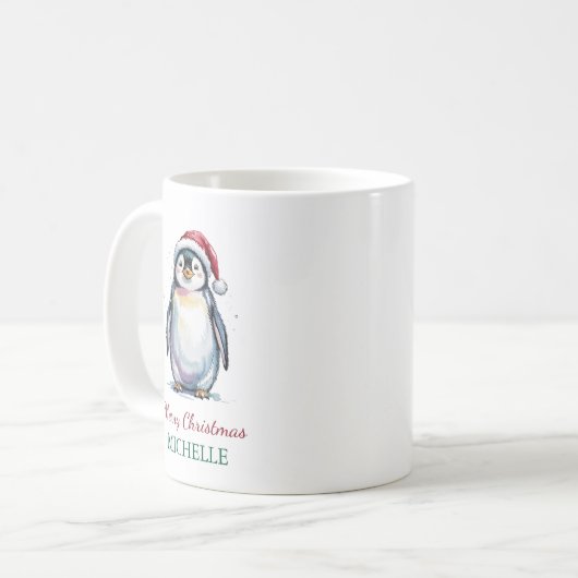 Personalisierter Pinguin in der Weihnachtsmannmütz Kaffeetasse (Vorderseite Links)