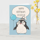 Personalisierter Pinguin mit Blue Balloon zum Gebu Karte (Gelbe Blume)