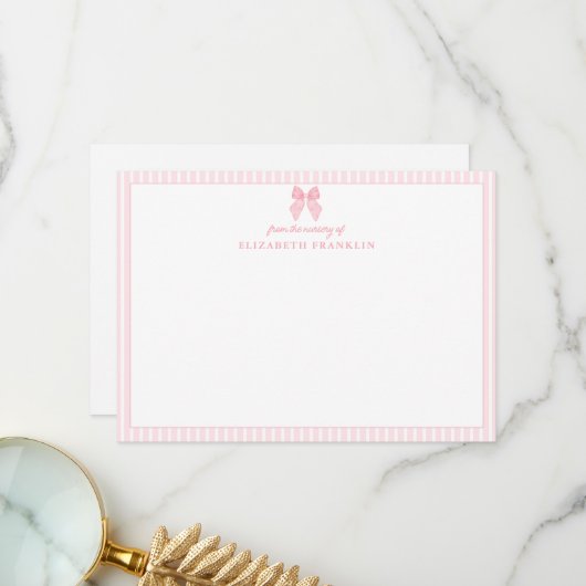 Personalisierter Pink Bow Stripe Baby Girl Station Dankeskarte (Vorderseite/Rückseite Beispiel)