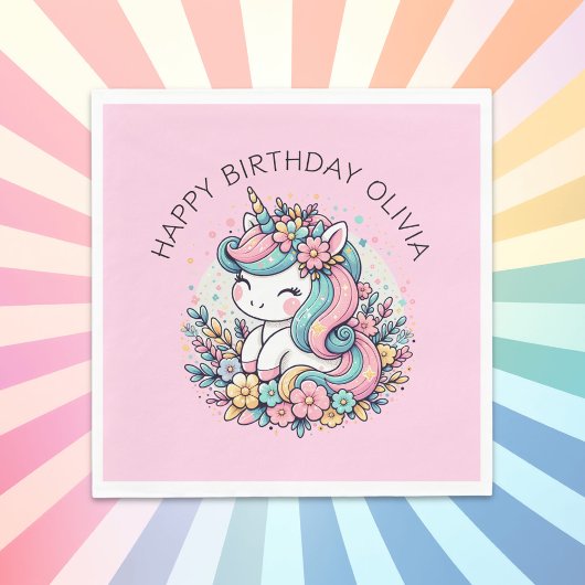 Personalisierter Pink Unicorn Girl's Birthday Serviette