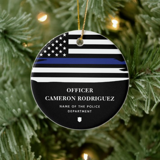 Personalisierter Polizeibeamter Thin Blue Line-Fla Keramik Ornament (Baum)
