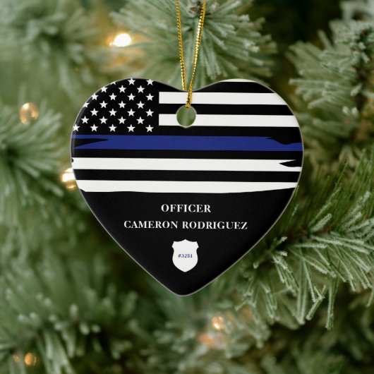 Personalisierter Polizeibeamter Thin Blue Line-Fla Keramik Ornament (Baum)