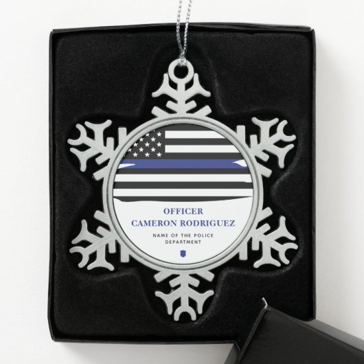 Personalisierter Polizeibeamter Thin Blue Line-Fla Schneeflocken Zinn-Ornament (Box)