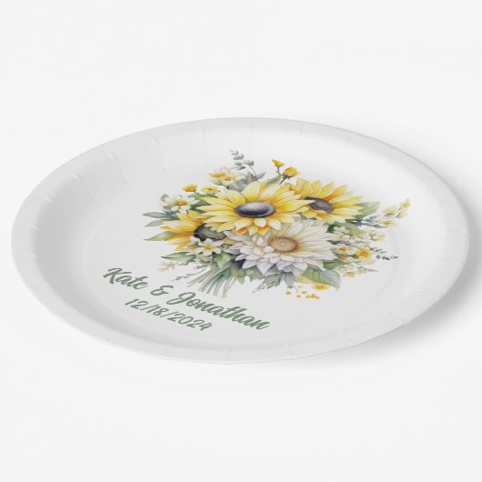 Personalisierter Polterabend Sonnenblumen Pappteller (Schrägansicht)