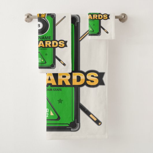 Personalisierter Pool Hall NAME 8 Ball Crown Billi Badhandtuch Set (Insitu)