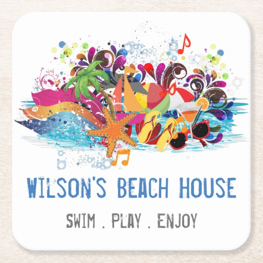 Personalisierter Pop Art Retro Summer Beach Unters Rechteckiger Pappuntersetzer (Vorderseite)