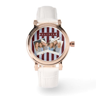 Personalisierter Preppy Braun Blau Cabana Streifen Armbanduhr