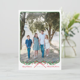 Personalisierter Preppy-Holiday-Kranz mit rotem Bo Feiertagskarte