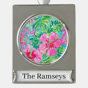Personalisierter Preppy-Tropen-Blumen-Metallschmuc Banner-Ornament Silber