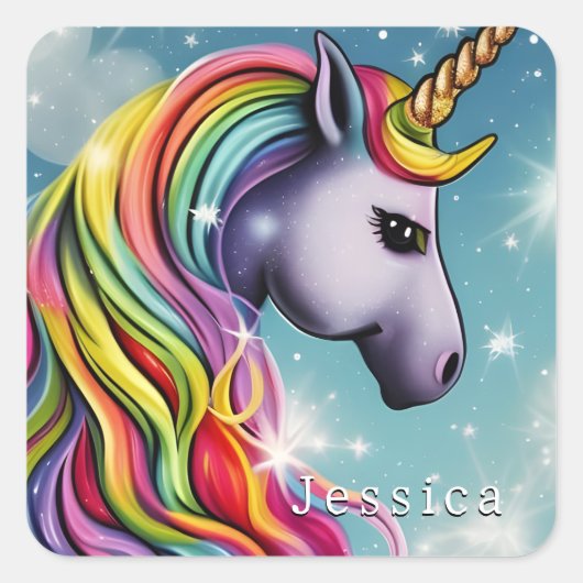 Personalisierter Rainbow-Unicorn-Name Quadratischer Aufkleber (Vorderseite)