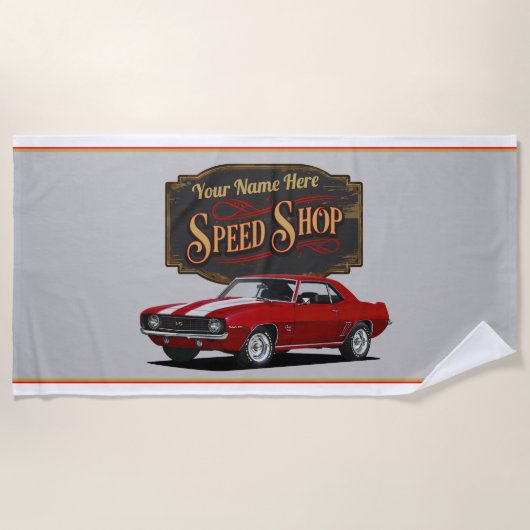 Personalisierter Red Camaro Speed Shop Strandtuch (Vorderseite)