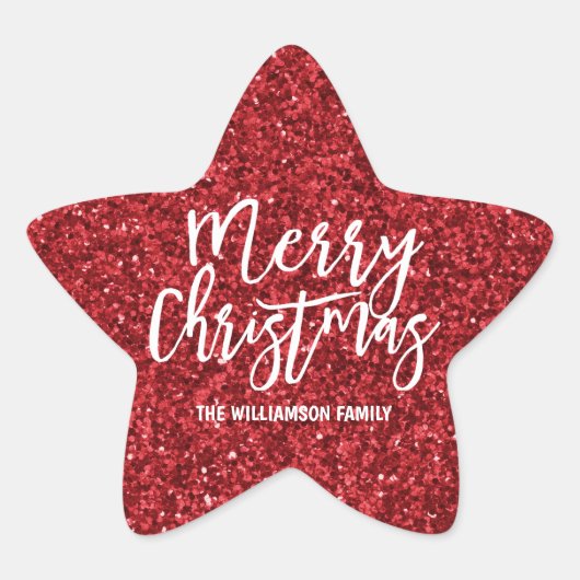 Personalisierter Red Glitzer & White Frohe Weihnac Stern-Aufkleber (Vorderseite)
