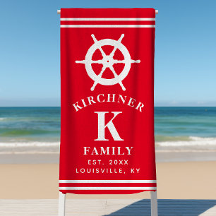 Personalisierter Red Ship Wheel Nautical Family Be Strandtuch