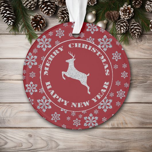 Personalisierter Red Silver Snowflake Rentier Ornament
