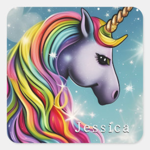 Personalisierter Regenbogen-Einhorn-Name Quadratischer Aufkleber