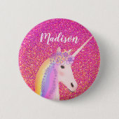 Personalisierter Regenbogen Einhorn Rosa Glitzer Button (Vorderseite)