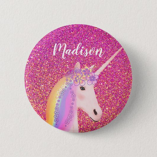 Personalisierter Regenbogen Einhorn Rosa Glitzer Button (Vorderseite)