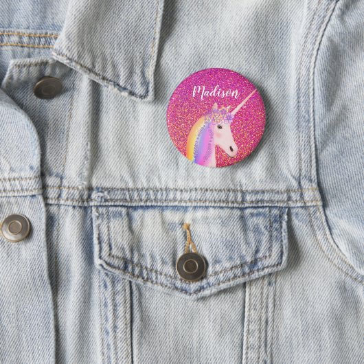Personalisierter Regenbogen Einhorn Rosa Glitzer Button (Beispiel)