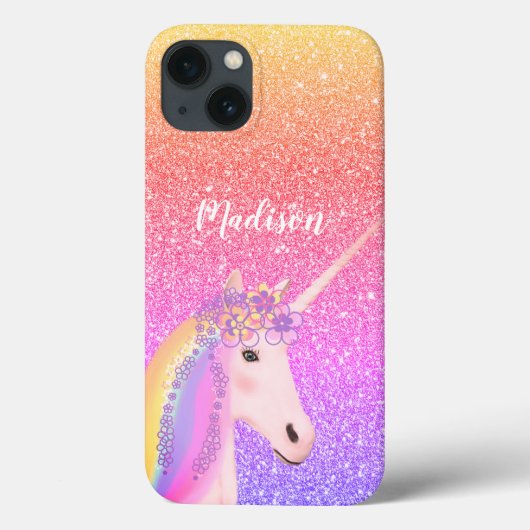 Personalisierter Regenbogen Einhorn Rosa Glitzer Case-Mate iPhone Hülle (Rückseite)