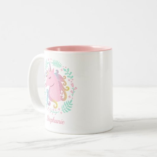 Personalisierter Regenbogen-Einhorn Zweifarbige Tasse (Vorderseite Links)