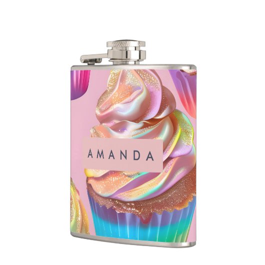 Personalisierter Regenbogen-Pastell-Cupcake mit Gl Flachmann (Links)