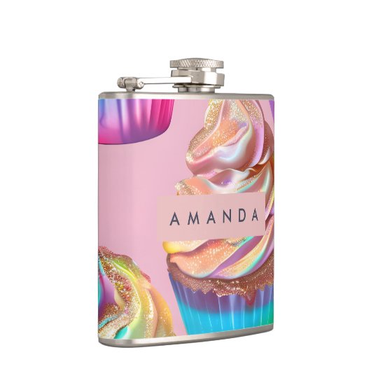 Personalisierter Regenbogen-Pastell-Cupcake mit Gl Flachmann (Rechts)