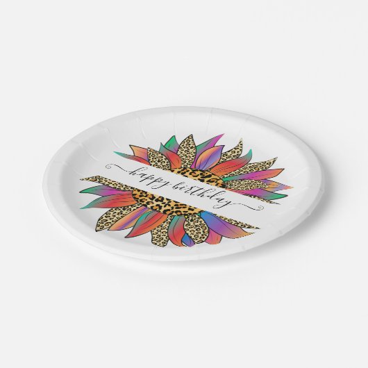 Personalisierter Regenbogen- und Leoparddruck Pappteller (Schrägansicht)