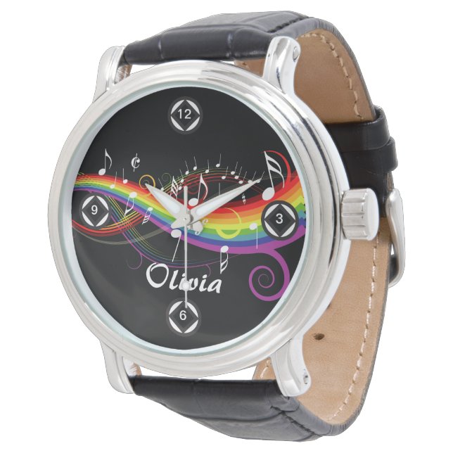 Personalisierter Regenbogen Weißer Musiknoten auf  Armbanduhr (Schrägansicht)