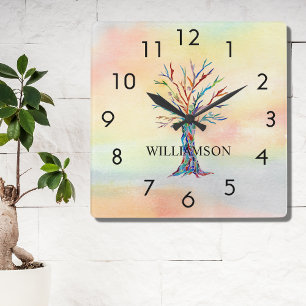 Personalisierter Regenbogenbaum Quadratische Wanduhr