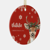 Personalisierter Rentier Weihnachtsschneeflocke Keramik Ornament (Rechts)