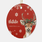 Personalisierter Rentier Weihnachtsschneeflocke Keramik Ornament (Links)